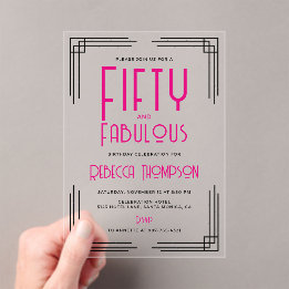 Fifty and Fabulous Hot Pink Art Deco 50th Birthday アクリル招待状