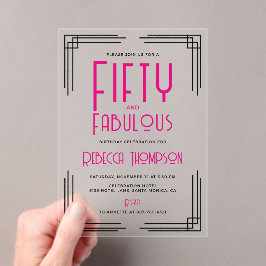 Fifty and Fabulous Hot Pink Art Deco 50th Birthday アクリル招待状