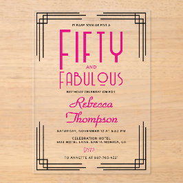 Fifty and Fabulous Hot Pink Art Deco 50th Birthday アクリル招待状