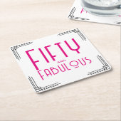Fifty and Fabulous Hot Pink Art Deco 50th Birthday スクエアペーパーコースター (アングル)