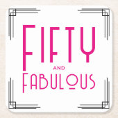 Fifty and Fabulous Hot Pink Art Deco 50th Birthday スクエアペーパーコースター (正面)