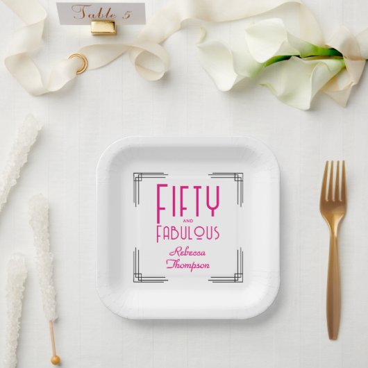 Fifty and Fabulous Hot Pink Art Deco 50th Birthday ペーパープレート (ウェディング)