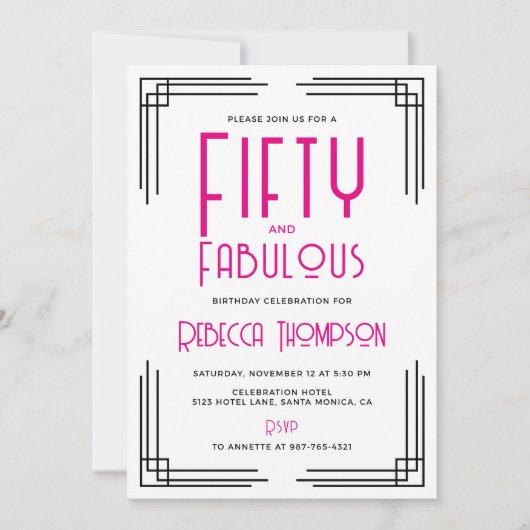 Fifty and Fabulous Hot Pink Art Deco 50th Birthday 招待状 (正面)