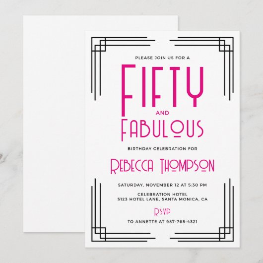 Fifty and Fabulous Hot Pink Art Deco 50th Birthday 招待状 (正面/裏面)