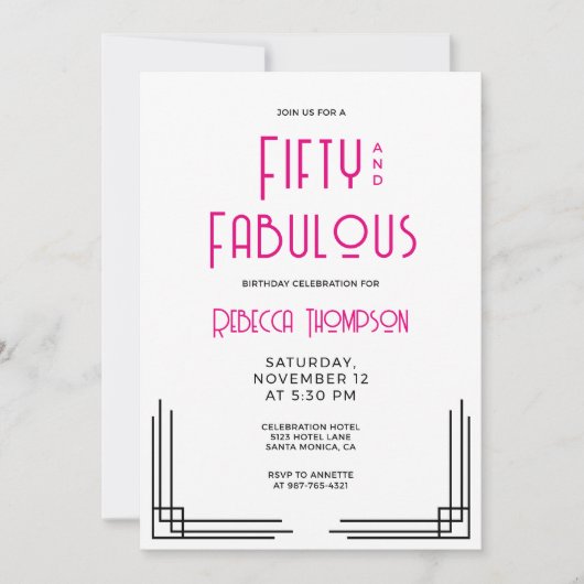 Fifty and Fabulous Hot Pink Art Deco 50th Birthday 招待状 (正面)