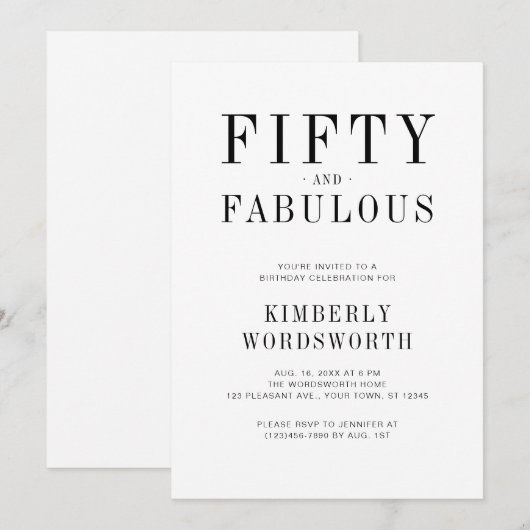 Fifty and Fabulous Minimal 50th Birthday Party 招待状 (正面/裏面)