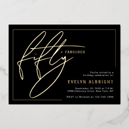 Fifty and Fabulous Minimal 50th Birthday Party 箔招待状 (正面)