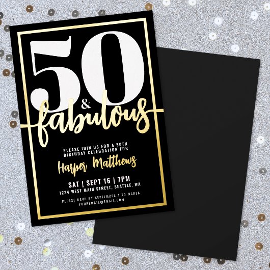 Fifty And Fabulous Modern 50th Birthday Gold 箔招待状