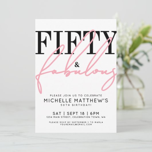 Fifty And Fabulous Modern 50th Birthday Party 招待状 (スタンド正面)