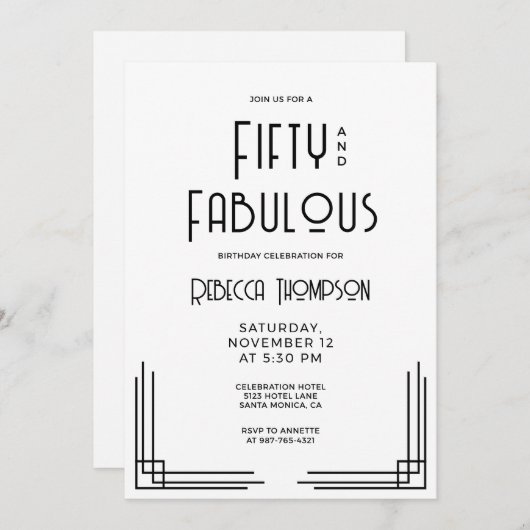 Fifty and Fabulous Modern Art Deco 50th Birthday 招待状 (正面/裏面)