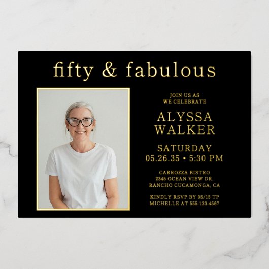 Fifty and Fabulous Photo 50th Birthday 箔招待状 (正面)