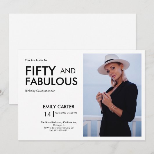 Fifty and Fabulous Photo 50th Birthday Party 招待状 (正面/裏面)