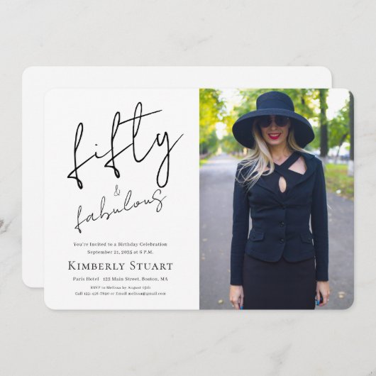 Fifty and Fabulous Photo 50th Script Birthday 招待状 (正面/裏面)