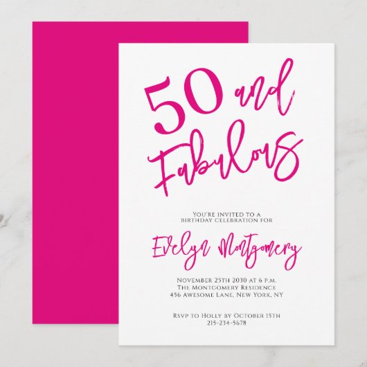 Fifty and Fabulous Pink 50th Birthday Party 招待状 (正面/裏面)