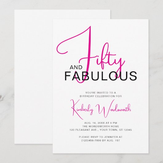 Fifty and Fabulous Pink 50th Birthday Party 招待状 (正面/裏面)