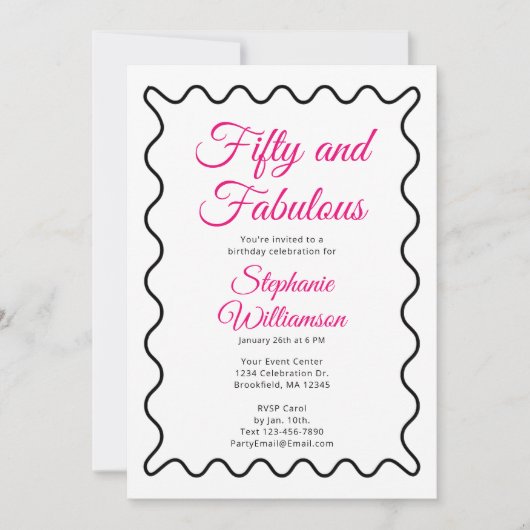 Fifty and Fabulous Pink and Black Script 招待状 (正面)