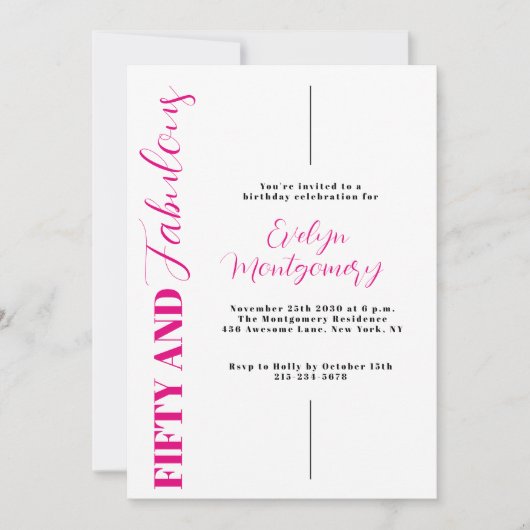 Fifty and Fabulous Pink Black 50th Birthday Party  招待状 (正面)