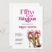 Fifty and Fabulous Pink Gold Heels 50th Birthday 招待状 (正面/裏面)