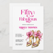 Fifty and Fabulous Pink Gold Heels 50th Birthday 招待状 (正面/裏面)