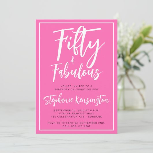 Fifty and Fabulous Pink Script 50th Birthday Party 招待状 (スタンド正面)