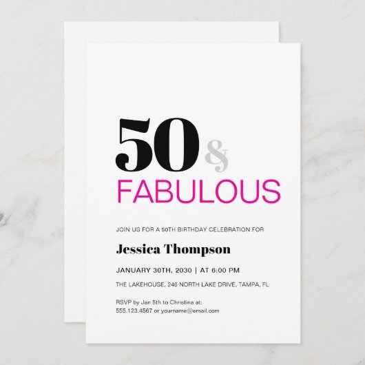 Fifty and Fabulous Pink Typography 50 Birthday 招待状 (正面/裏面)