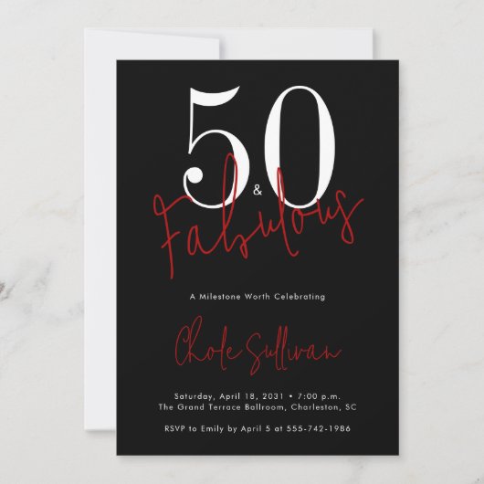 Fifty and Fabulous Red Black 50th Birthday Party 招待状 (正面)