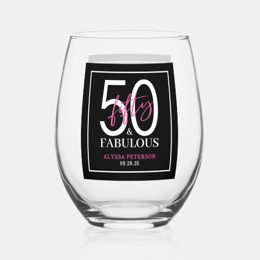 Fifty and Fabulous Script 50th Birthday ステムなしワイングラス (正面)