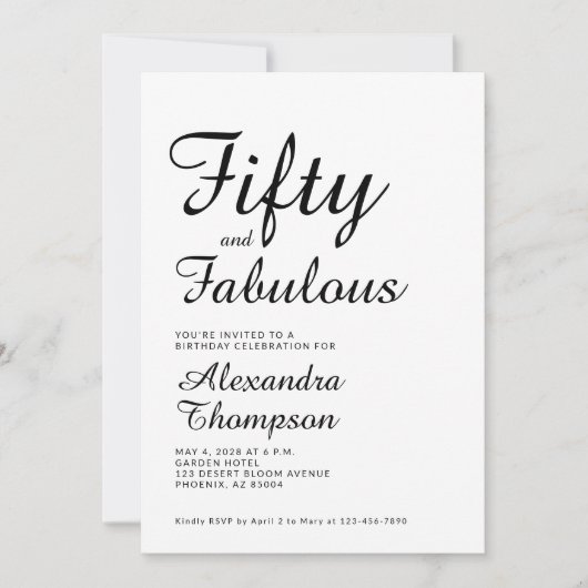 Fifty and Fabulous Script 50th Birthday Party 招待状 (正面)
