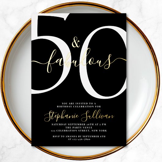 Fifty and Fabulous Script 50th Birthday Party  箔招待状