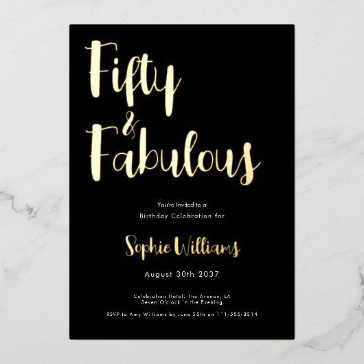 Fifty and Fabulous Script 50th Birthday Party 箔招待状 (正面)