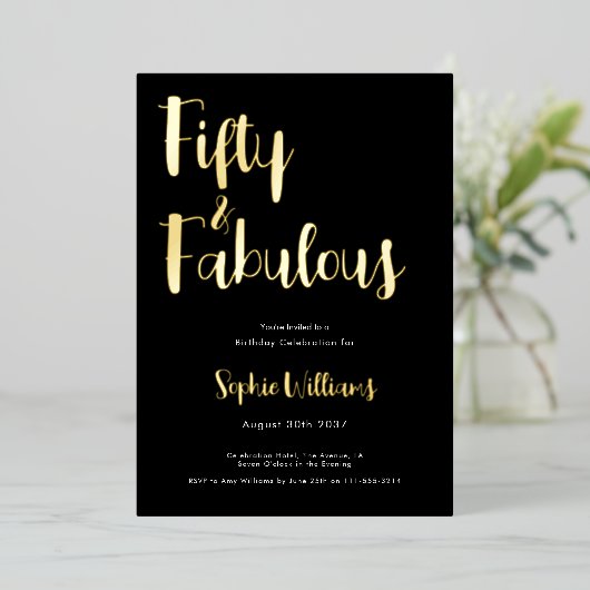 Fifty and Fabulous Script 50th Birthday Party 箔招待状 (立ち正面)