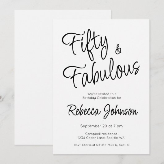 Fifty and Fabulous Script Black 50th Birthday 招待状 (正面/裏面)