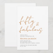 Fifty And Fabulous Script Gold 50th Birthday Party 招待状 (正面/裏面)