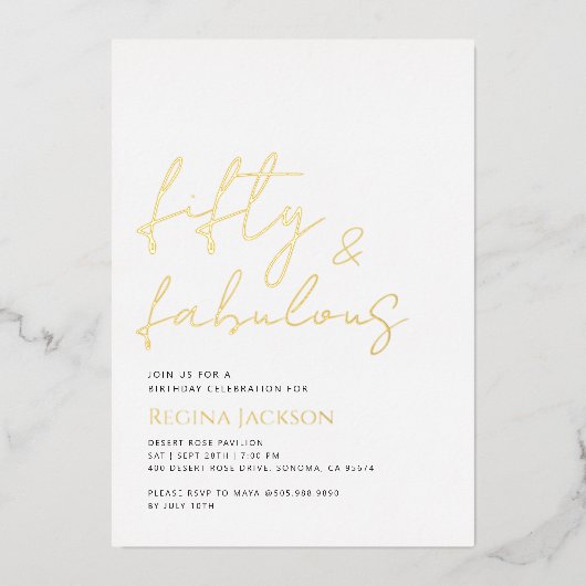 Fifty And Fabulous Script Gold 50th Birthday Party 箔招待状 (正面)