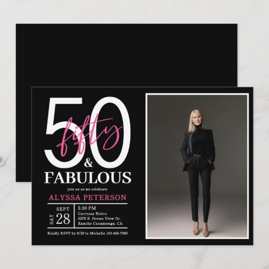 Fifty and Fabulous Script Photo 50th Birthday  招待状 (正面/裏面)
