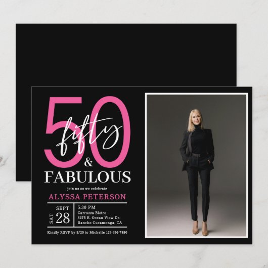 Fifty and Fabulous Script Photo 50th Birthday  招待状 (正面/裏面)