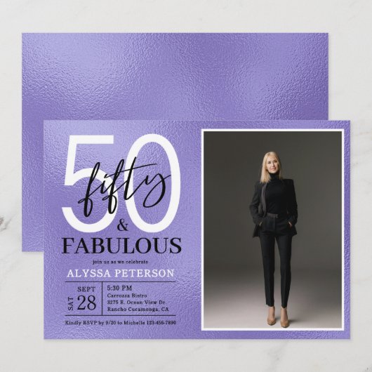 Fifty and Fabulous Script Photo 50th Birthday 招待状 (正面/裏面)