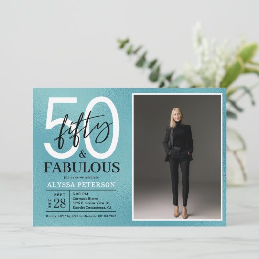 Fifty and Fabulous Script Photo 50th Birthday 招待状 (スタンド正面)