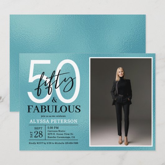 Fifty and Fabulous Script Photo 50th Birthday 招待状 (正面/裏面)