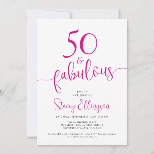 Fifty and Fabulous Script Pink 50th Birthday Party 招待状 (正面)