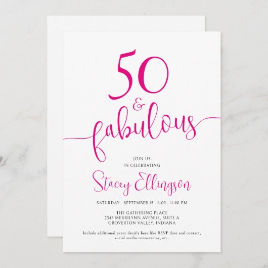Fifty and Fabulous Script Pink 50th Birthday Party 招待状 (正面/裏面)