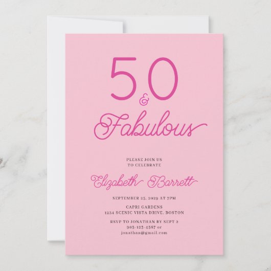 Fifty and Fabulous Script Pink 50th Birthday Party 招待状 (正面)