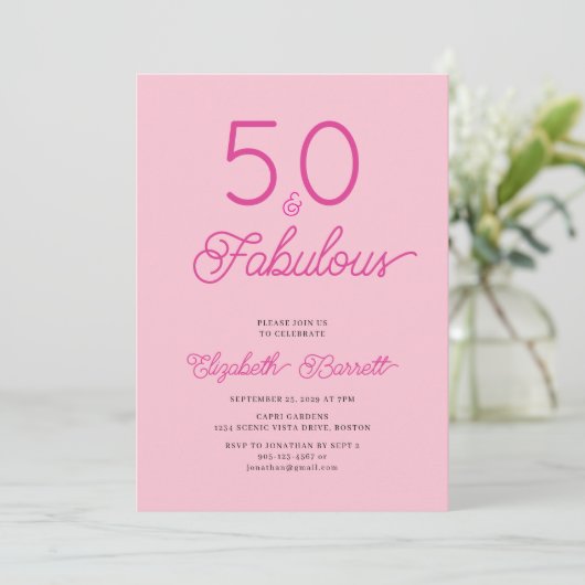 Fifty and Fabulous Script Pink 50th Birthday Party 招待状 (スタンド正面)