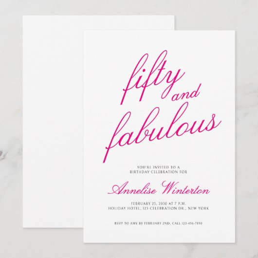 Fifty and Fabulous Script Pink 50th Birthday Party 招待状 (正面/裏面)