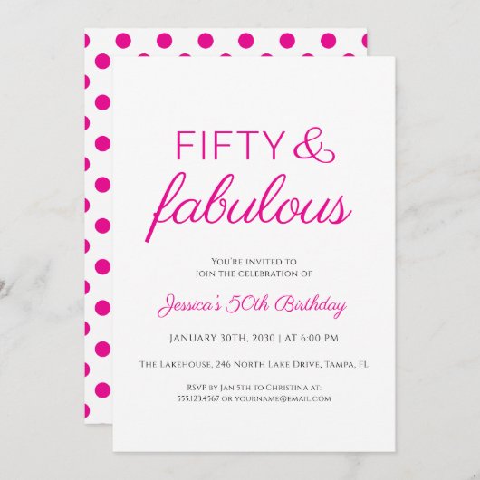 Fifty and Fabulous Script Pink 50th Birthday Party 招待状 (正面/裏面)