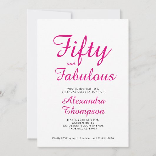 Fifty and Fabulous Script Pink 50th Birthday Party 招待状 (正面)