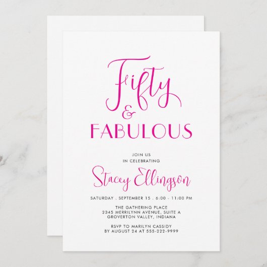 Fifty and Fabulous Script Pink 50th Birthday Party 招待状 (正面/裏面)