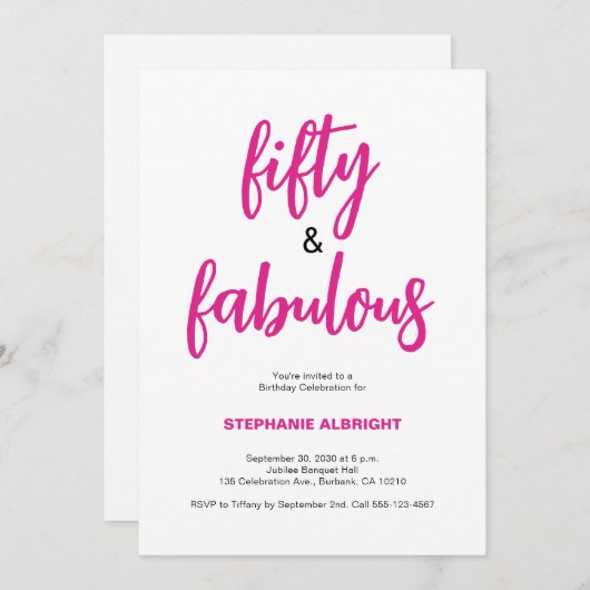 Fifty and Fabulous Script Pink 50th Birthday Party 招待状 (正面/裏面)