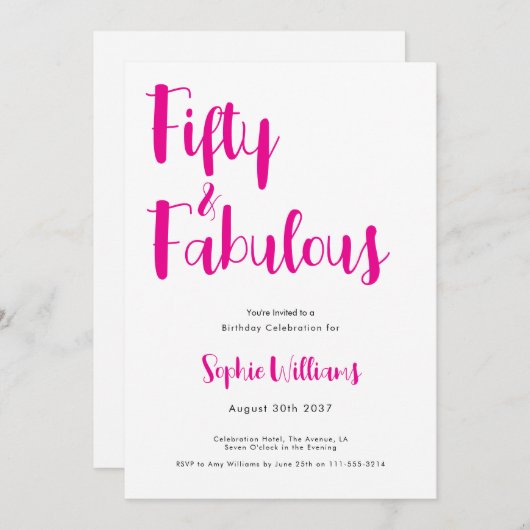 Fifty and Fabulous Script Pink 50th Birthday Party 招待状 (正面/裏面)