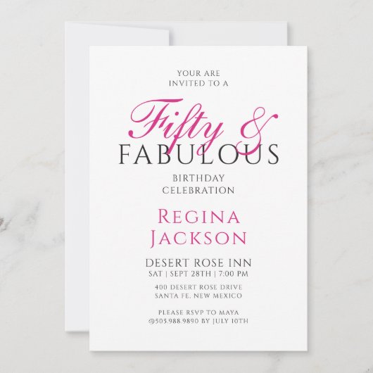 Fifty and Fabulous Script Pink 50th Birthday Party 招待状 (正面)